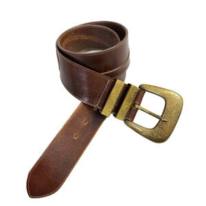 Jennifer Graham Leather Belt Womens Medium Brown Brass Buckle Embossed Boho 1.75